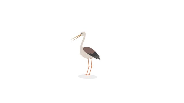 Animated flat vector stork bird character isolated on a white background, ideal for baby shower, nature, and migration themes