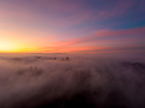 Aerial view of coastal California fog rolling over the forest canopy during a vibrant sunset in Occidental, California, United States.