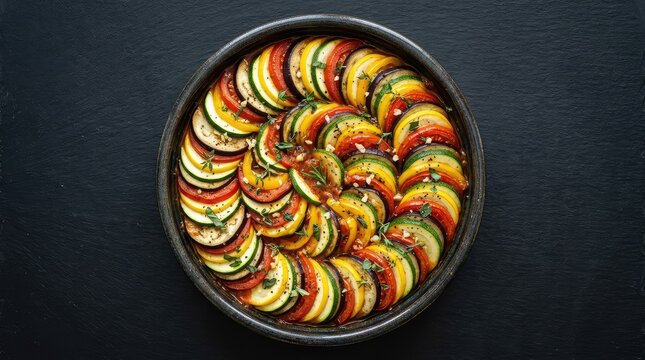 Overhead view of a vibrant ratatouille with arranged slices of zucchini, eggplant, and tomatoes in a rustic round dish on a black background, basil, flat lay, casserole