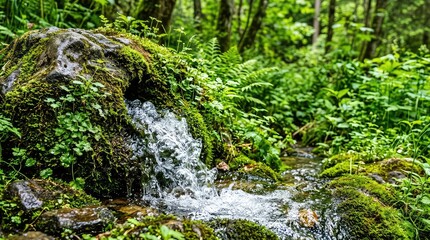 Fototapeta premium Sparkling, crystal-clear spring water bubbles up from a mossy rock, flowing through a vibrant, pristine forest ecosystem teeming with lush life, origin, forest, nature