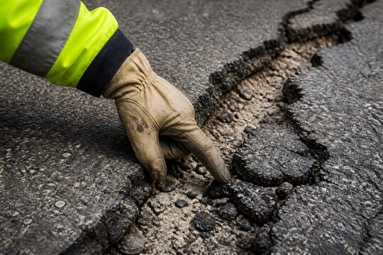 Worker hand pointing at crack on asphalt road