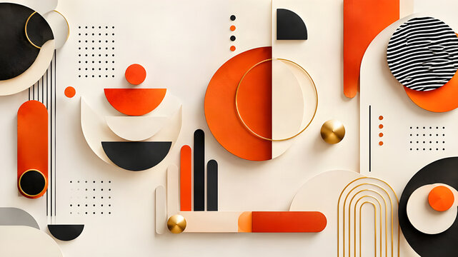 Abstract geometric composition with circles, rectangles and dots in orange and black tones