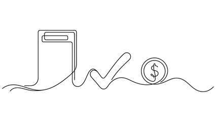 Obraz premium Single continuous line of a document, a check mark, and a dollar coin, representing financial approval, payment success, and budget