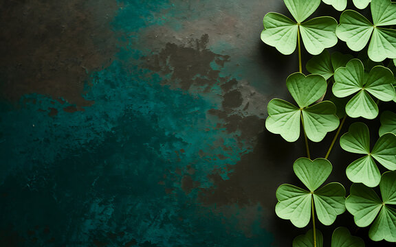 Fresh green clover leaves arranged vertically on a dark textured background with shamrock