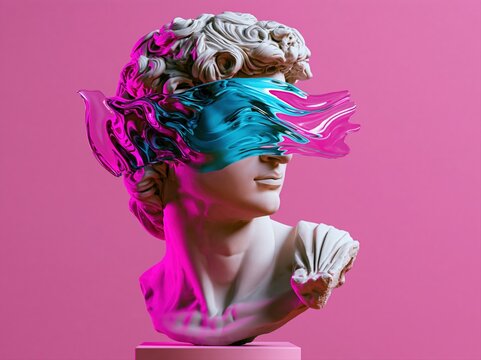 Classical sculpture bust with abstract liquid metal covering its eyes