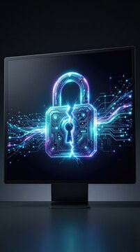 A computer screen showing a padlock graphic with a crack down the middle, glowing with faint light and with lines flowing into a digital space, danger, data theft, data packets