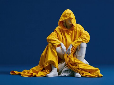 Mannequin wearing a bright yellow hooded raincoat and white sneakers against a blue background