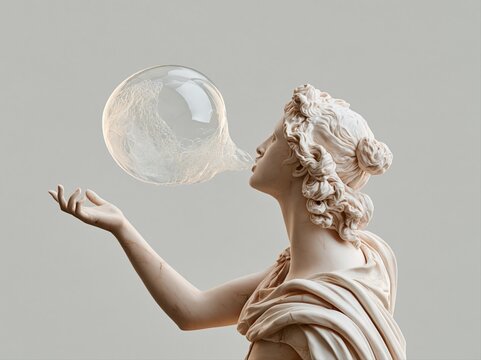 Classical statue blowing a bubble with its mouth and holding one in its hand