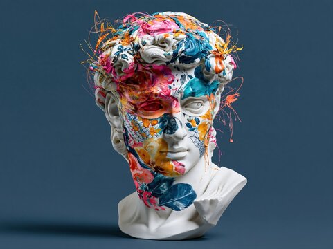 Classical sculpture bust adorned with vibrant floral paint splashes and patterns