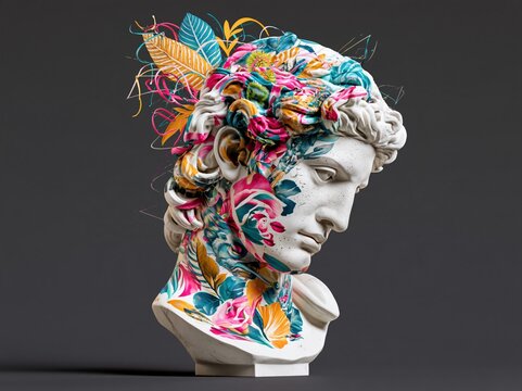 Classical bust adorned with vibrant floral patterns and abstract elements