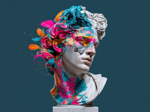 Classical sculpture bust with vibrant abstract paint splashes and floral elements