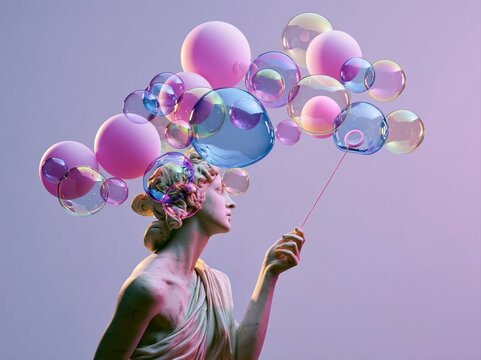 Classical statue blowing colorful bubbles against a soft purple background