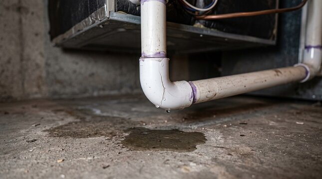 Cracked PVC Condensate Drain Elbow Leaking Under HVAC Unit