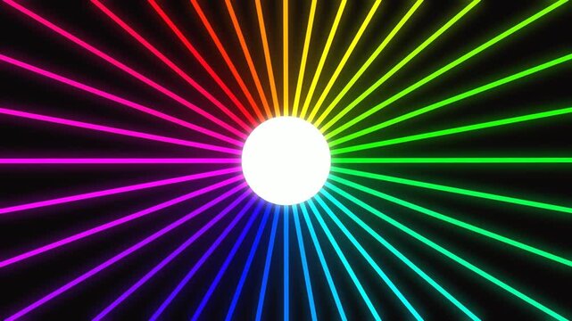 Vibrant rainbow neon light rays emanating from a central white circle on a black background for colorful lighting effects