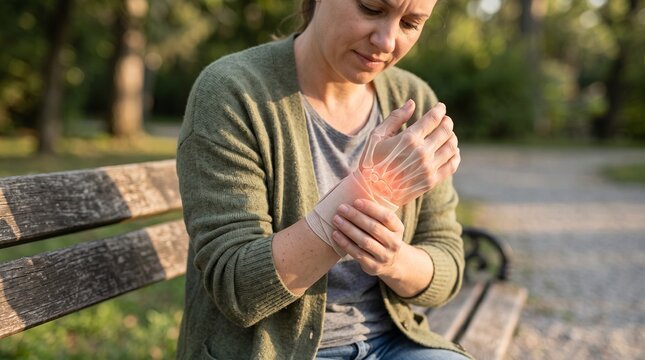 Adult woman sitting on park bench suffering from painful wrist joint inflammation and carpal tunnel syndrome with glowing anatomical bone x-ray overlay visual