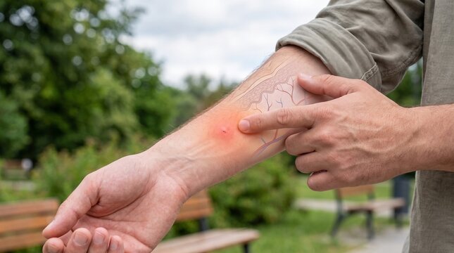 Close-up of a man's forearm with a prominent, red, swollen insect bite, featuring an anatomical overlay of skin layers and blood vessels, highlighting irritation and medical study.