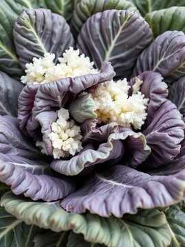 Crisp green cabbage leaves with white florets, eating, outline