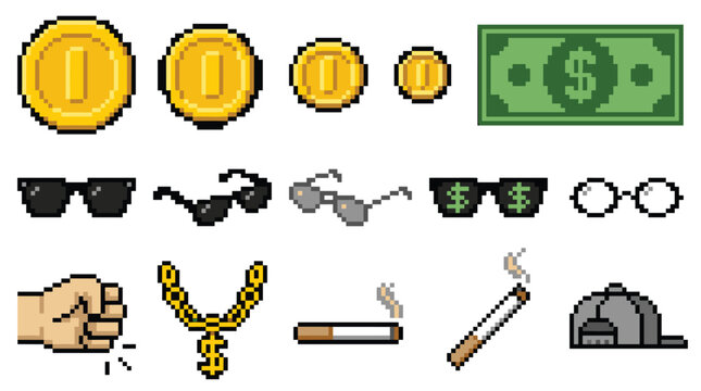 Wealth and street lifestyle element pack, nostalgic retro pixel style, gold coins, dollar bills, sunglasses, necklaces, cigarettes, and caps