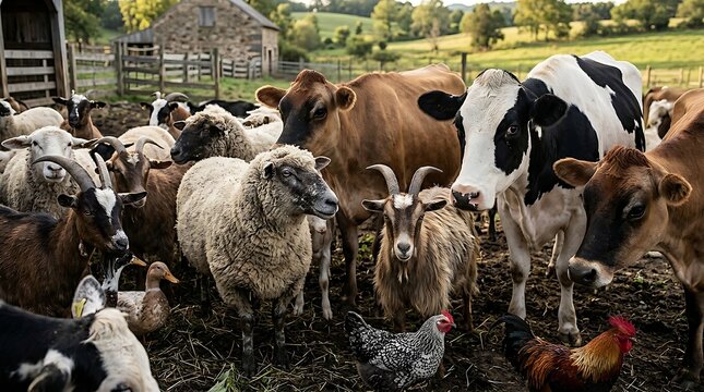 Farm animals crowded together in a rustic barnyard during daylight
