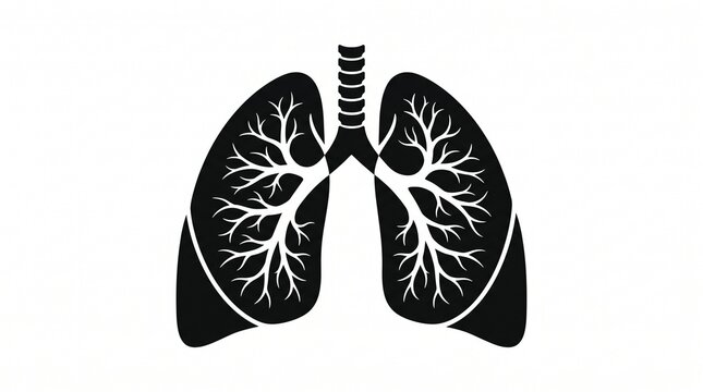 Black and white silhouette of human lungs showing internal airway structures on white background with branches representing bronchial lungs with lungs