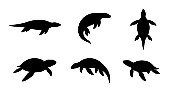 Marine Reptile Silhouettes, Ancient Sea Creatures Vector Pack, Prehistoric Aquatic Animal Icons