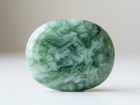 Polished jade stone texture with soft green hues and natural variations, showing intricate cloud-like patterns and subtle transluscent depth, nephrite, crystalline, polished