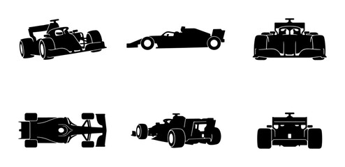 Obraz premium Formula 1 Racing Cars, Silhouette Icons Set: Speed, Motorsport, Competition, Vehicle Views