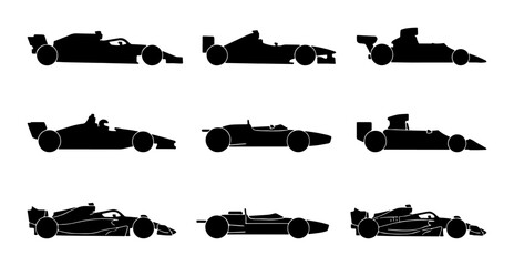 Obraz premium Formula 1 Race Cars, Speeding Sports Vehicles, Motorsport Icons, Vector Silhouettes
