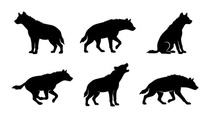 Obraz premium Hyena Silhouettes: Six Vector Poses of Wild Canids, African Wildlife Icons