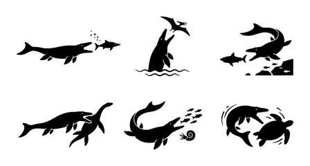Dinosaur Icons Set: Marine Reptiles, Pterodactyl, Prehistoric Sea Creatures, Vector Graphics © Indrani