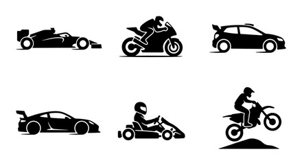 Fototapeta premium Racing Vehicles Vector Icons: Formula 1, Sports Car, Motorcycle, Dirt Bike, Go-Kart