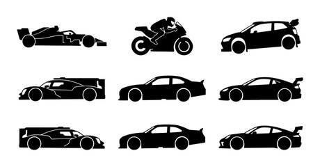 Fototapeta premium Racing Car and Motorcycle Icons, Sport Vehicle Silhouettes, Automotive Vector Set