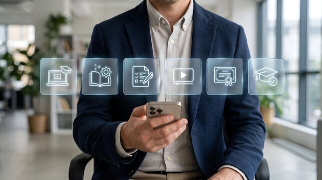 Professional man in a dark navy blue blazer holding a modern smartphone featuring glowing digital icons for e-learning education modules