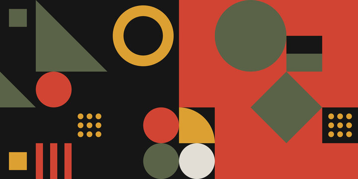 Bauhaus-inspired abstract geometric composition featuring a structured arrangement of circles, squares, triangles, and striped elements in a retro palette of mustard, olive green, burnt red