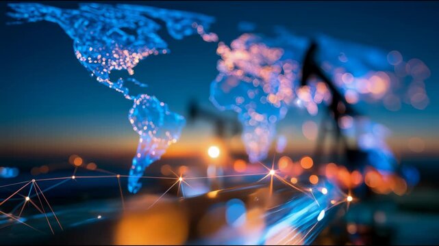 Digital world map with glowing energy connections and an oil pumpjack silhouette, representing global petroleum markets, extraction, trade and energy infrastructure