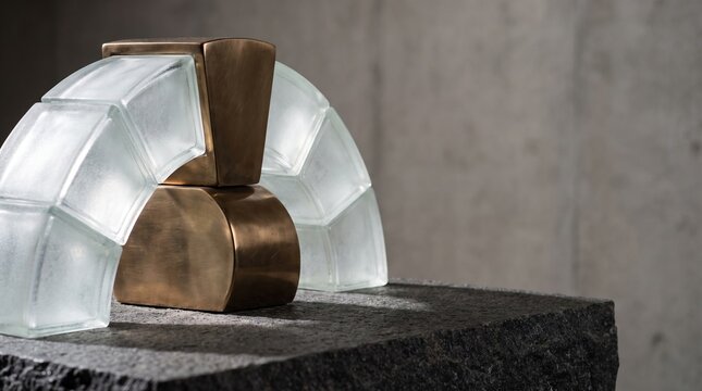 Polished Bronze Keystone Locking Frosted Glass Arch Representing Foundational Strategy