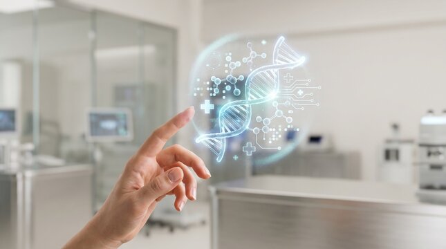 Researcher Interacting with a Digital Holographic DNA Helix Visualization in a Modern Laboratory Setting