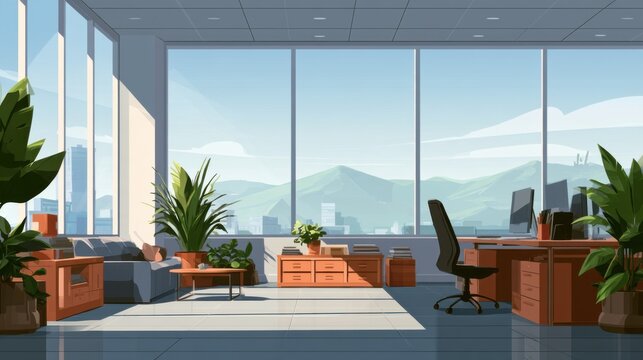 Modern office interior background with large windows and mountain view