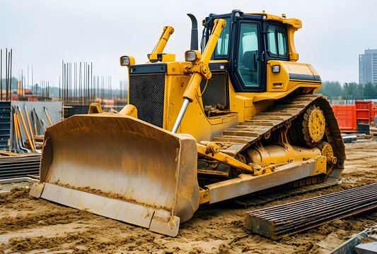 Infrastructure development and construction site, yellow bulldozer heavy machinery for earthmoving and land clearing at a building project
