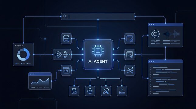 AI Agent system diagram with interconnected modules and data flow