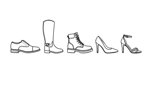 Hand drawn shoe collection with formal boots and high heel icons line vector illustration