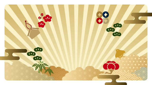 和風バナー背景。松竹梅や絵馬と金色の放射柄。正月や年末年始、新春初売りSALE