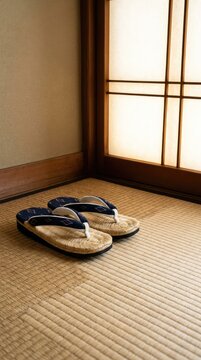 A pair of traditional zori sandals resting on a natural woven tatami mat in a traditional Japanese room beside a glowing shoji screen, entry, screen, design