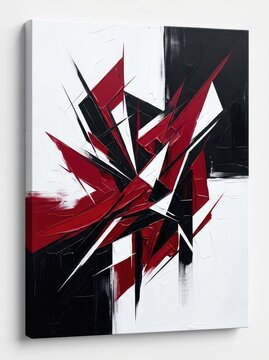 A striking contemporary abstract background featuring dynamic, geometric shapes and brushstrokes in deep black, crimson red, and bright white, lines, angles, graphic