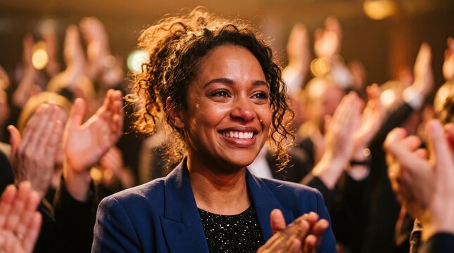 Smiling woman receiving applause from enthusiastic audience at event