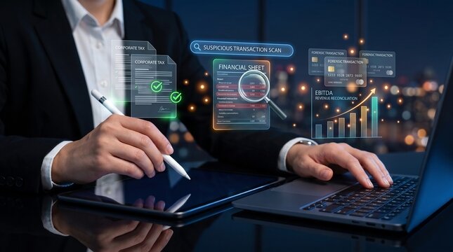 forensic accounting and suspicious transaction monitoring system. financial fraud detection platform. auditor analyzing corporate tax records and transaction anomalies with stylus pen on tablet.

