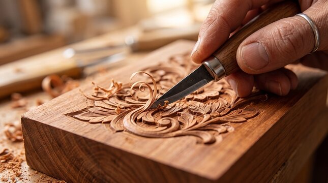Woodcarver shaping floral pattern on wood block in workshop