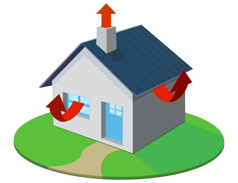 Isometric house with rising red arrows and chimney escape, symbolizing thermal heat loss, poor insulation, and wasted energy. (cut out)