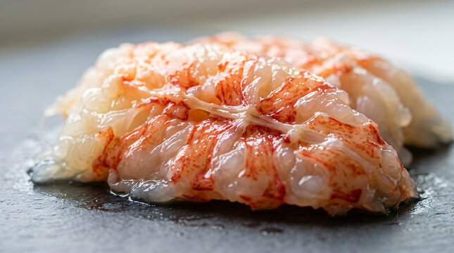 Fresh raw langoustine tail meat on a dark slate surface ready for cooking.