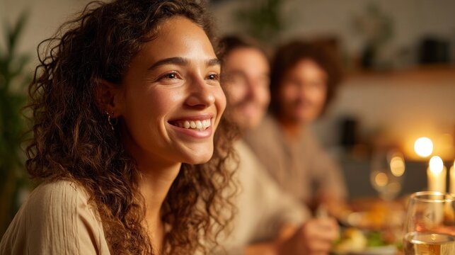 Cheerful dinner party where friends come together celebrating joy diversity in cozy inviting setting